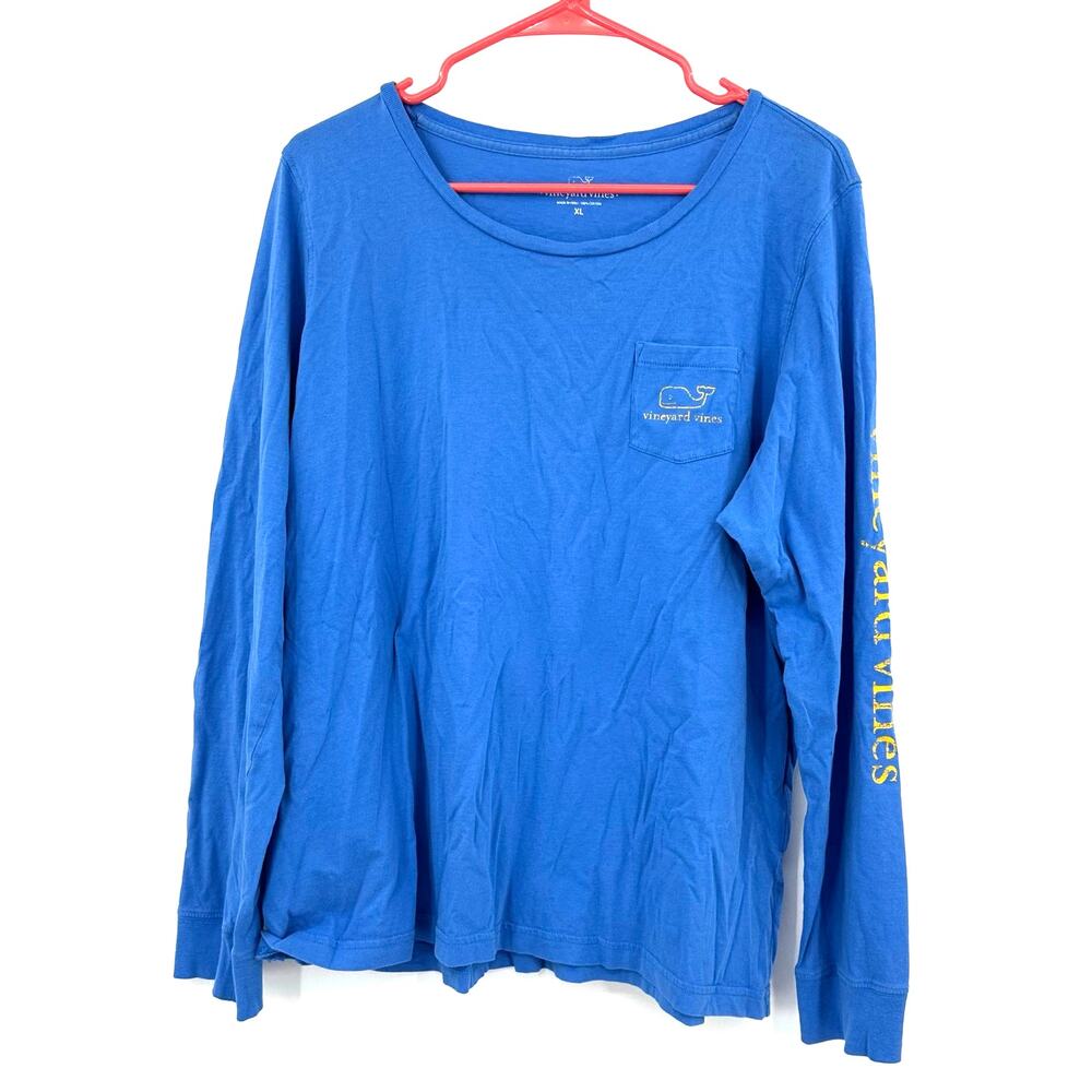 Vineyard Vines Size XL Shirt Blue Long Sleeve Pocket Round Neck Whale Casual